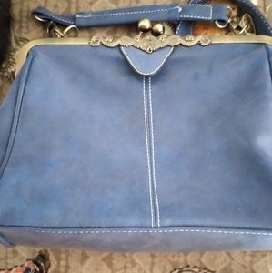 Retro Style Clip Closure Dusty Blue Crossbody & Hand Strap Purse
